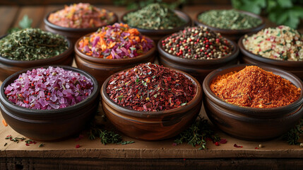different type of spice herb and salt in little ceramic bowls