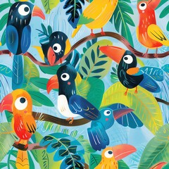 Fototapeta premium A children's book illustration featuring a whimsical scene of colorful tropical birds, designed to engage young readers with bright colors and educational content about biodiversity