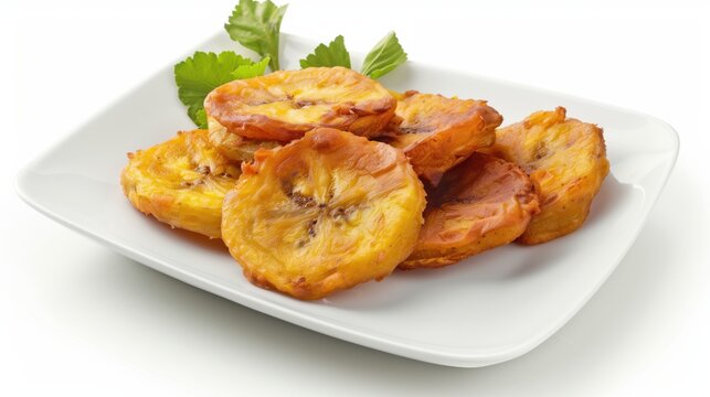 A plate of Dominican food consisting of fried plantains isolated on a white background