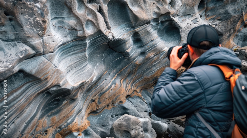 Poster man photographing intricate rock formations with detailed textures and patterns