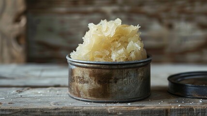 Shredded, fermented cabbage in rustic metal container on wooden surface