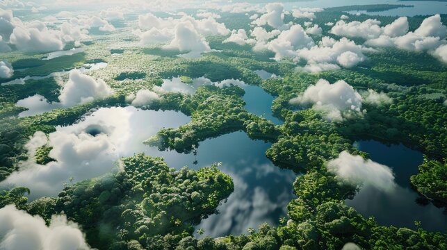 Behold the sustainable habitat world concept captured from a distant aerial perspective where a lush rainforest landscape mirrors the shape of world continents complete with lakes and billo