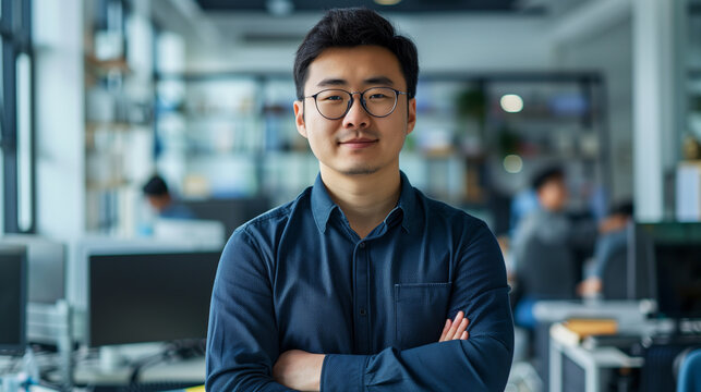 portrait of an Chinese software engineer standing in modern office looking at camera, tech support worker 