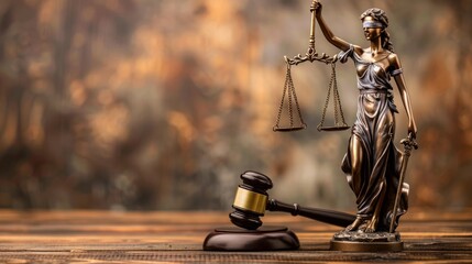 Legal and law concept. Statue of Lady Justice with scales of justice and wooden judge gavel on wooden table