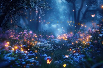 A secret garden illuminated by the soft glow of fireflies, where butterfly fairies gather to share...