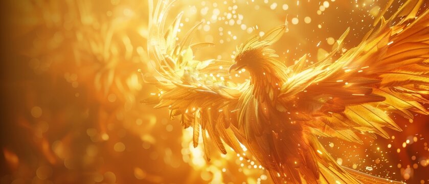 Phoenix bird fire fantasy firebird abstract magic 3D eagle animal. Phoenix bird fire tale character illustration render hawk fairy wings graphic feather gold background fenix logo icon red art pheonix