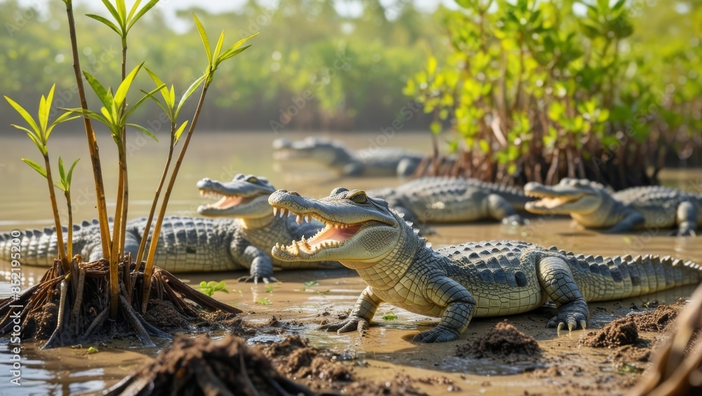 Wall mural A scene of tiny baby crocodiles emerging from their eggs, their small bodies covered in remnants of the shells, signaling the beginning of their journey into the world