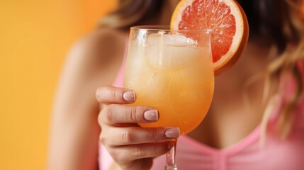 Fototapeta premium Woman holding glass of tasty grapefruit margarita