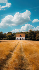 Fototapeta premium Serene Countryside House in a Golden Field Under a Blue Sky with White Clouds Tranquil and Picturesque Scene Depicting Solitude and Harmony in Nature