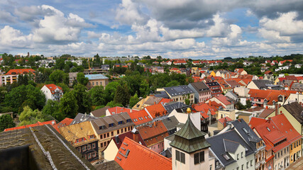 Fototapeta premium Blick vom Rathausturm über die Stadt, Rathaus Döbeln am 31. Mai 2024, Landkreis Mittelsachsen, Sachsen, Deutschland 