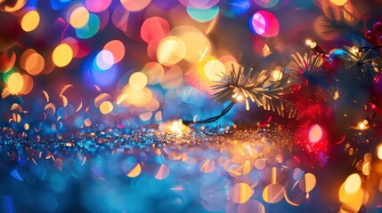 Christmas gold light particles shining bokeh on christmas background. Gold foil texture. Holiday concept with lights.