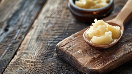 Fototapeta premium Wooden spoon filled with creamy ghee on rustic wooden board
