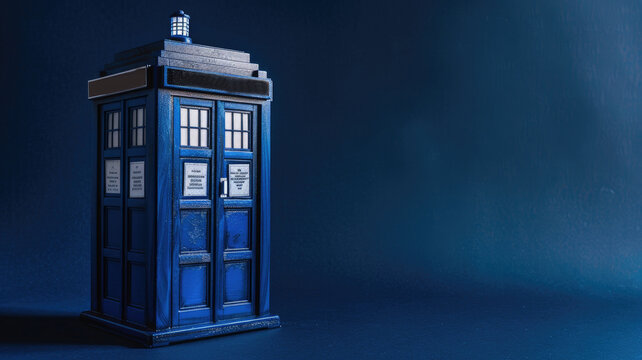 Classic blue police public call box stands on dark background