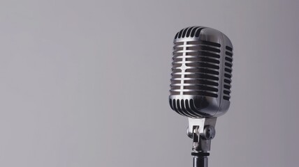 Vintage microphone on stand, grey background, retro style