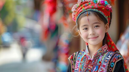Fototapeta premium Smiling girl in colorful traditional attire with headwear