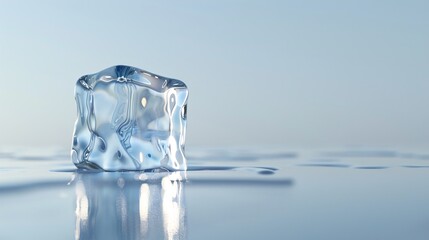 Melting ice cube on reflective surface