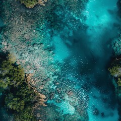 Fototapeta premium An aerial view of a shallow lagoon with a colorful coral reef visible through the clear waters, illustrating the delicate balance of coral ecosystems, ideal for conservation messages