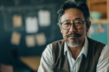 Obraz premium Portrait of a middle aged male teacher in the classroom