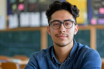 Fototapeta premium Portrait of a young male teacher in the classroom