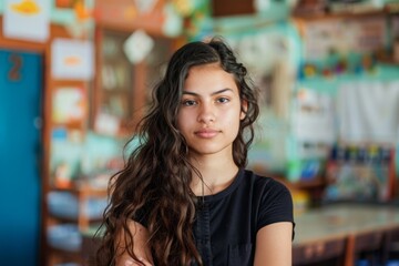 Portrait of a young female teacher in the classroom