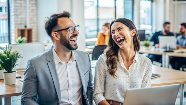 "Joyous Office Staff: Duo of coworkers sharing a laugh, indicating a positive and engaging workplace."

