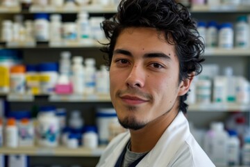 Obraz premium Portrait of a young male pharmacist in a pharmacy