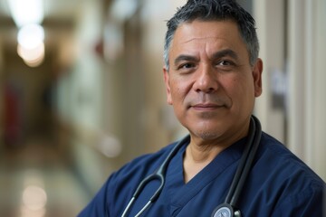Fototapeta premium Portrait of a middle aged male registered nurse in hospital corridor