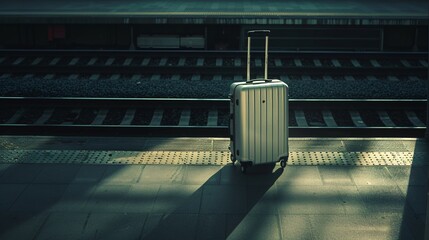 Solitary suitcase at an empty railway station