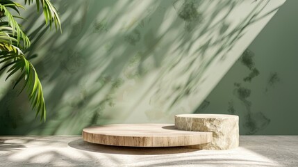 Wooden product display podium with blurred nature leaves on brown background