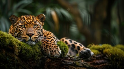 Obraz premium Leopard relaxing in the rainforest on the timber with moss
