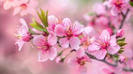 Fototapeta premium Close up of pink cherry blossoms on a spring branch