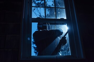 Silhouette of a burglar attempting to break into a house through a window at night