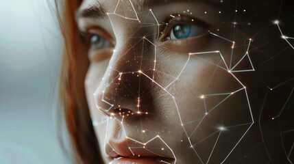 A woman's face with facial connections and lines, in the style of technological marvels. Generative AI