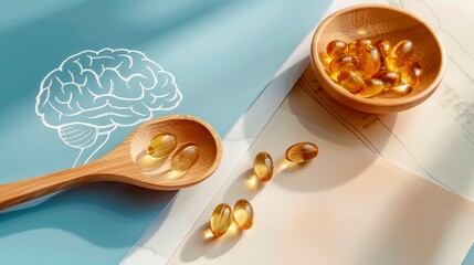 Fish oil capsules with omega 3 in a wooden spoon. Omega 3 benefits for brain