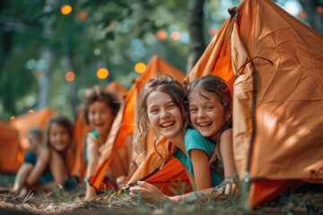 Portrait of a happy child immersed in a summer camp atmosphere filled with joy and fun