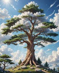Obraz premium A tall cedar tree illustration with blue sky. 