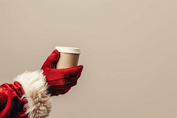 A Santa's hand holding a paper cup