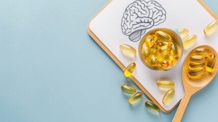 Fish oil capsules with omega 3 in a wooden spoon. Omega 3 benefits for brain