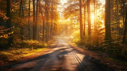 Naklejka premium Forest Road sun shining through trees on a road
