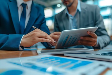 People in business collaborating in an office with a tablet, meeting and planning for a company project. Financial analysts and corporate professionals using technology for teamwork, strategy