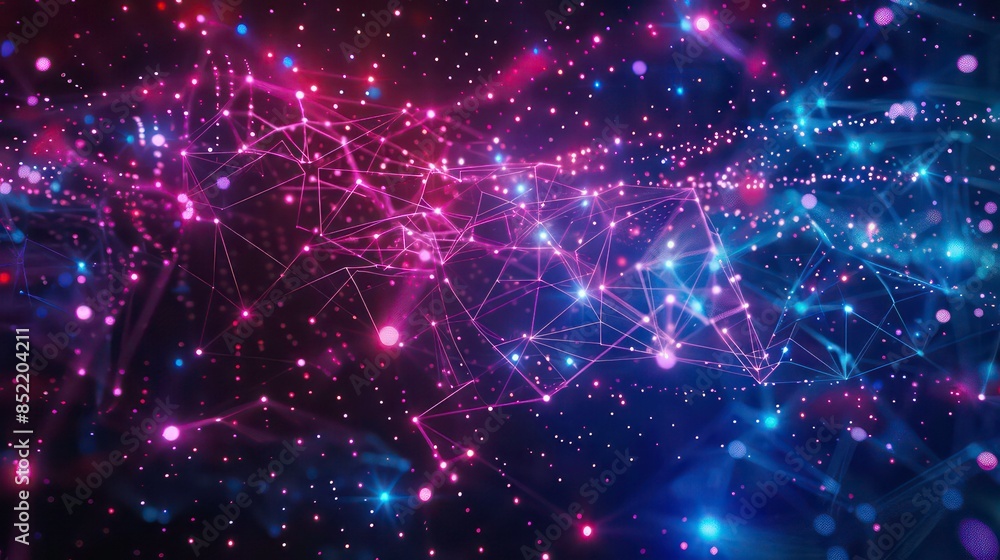 Poster a vivid display of interconnected neon nodes, symbolizing a digital network or constellation. genera