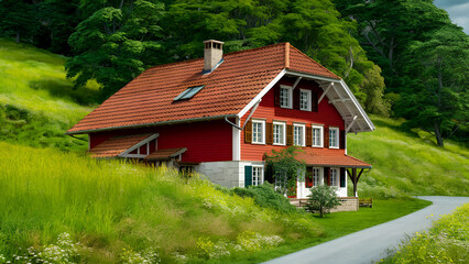 Gran casa rural roja en Suiza, Picturesque house on the background of the Carpathians. Landscape photography. Ai generative