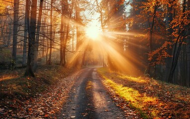 Fototapeta premium Forest Road sun shining through trees on a road