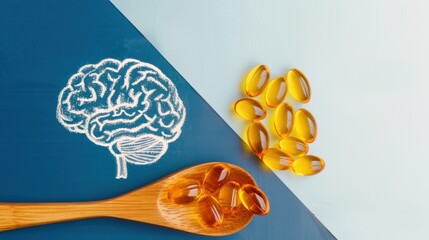 Fish oil capsules with omega 3 in a wooden spoon. Omega 3 benefits for brain