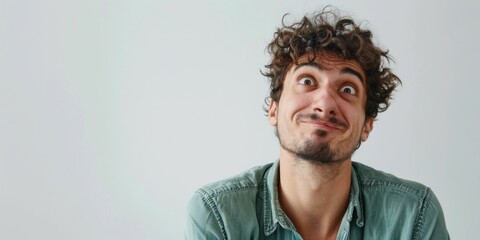 Obraz premium Surprised man with curly hair looking up at camera in a fashionable style portrait of beauty and art