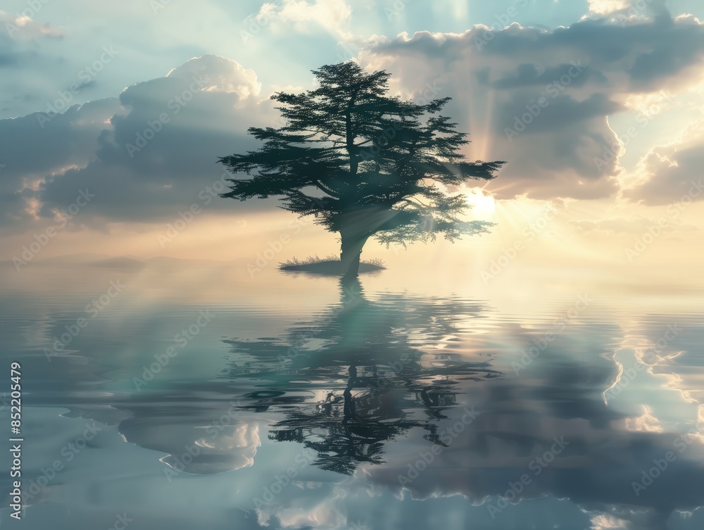 Wall mural A tall cedar tree reflected in a lake with sky and clouds at sunset. 