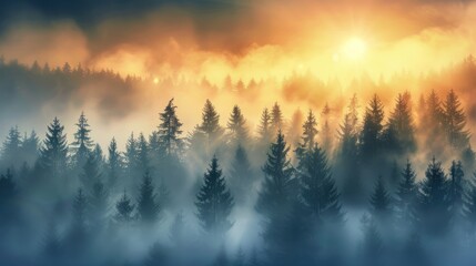 Obraz premium Misty scenery with pine trees