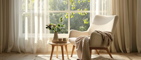 Cozy beige reading nook, comfortable chair, natural light,