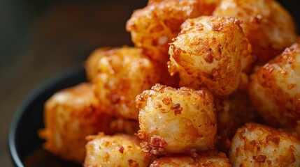 A tater tots close up, food design, dynamic, dramatic composition, with copy space. Generative AI