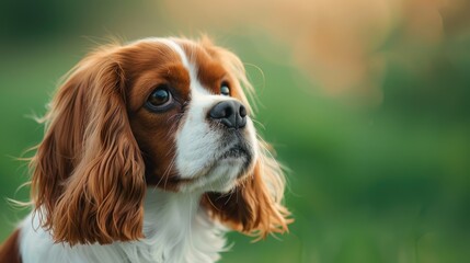 Close up of Cavalier King Charles Spaniel dog breed on a green background